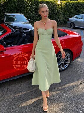 MANGO Sage Green Corset Midi Dress NWT Wedding Guest Dress